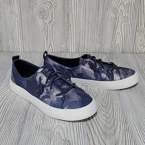 Sperry Crest Vibe Blue and Silver Camo Metallic Leather Sneakers Women's 8.5